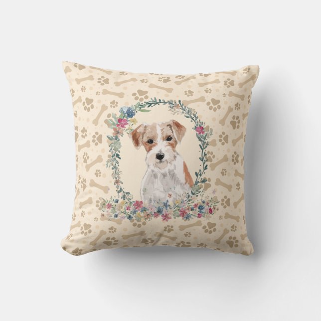 Drahthaare Jack Russell Dog Paw Print & Floral Kissen (Vorderseite)
