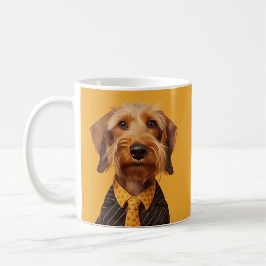 Drahthaarige Dachshung auf Gelb Kaffeetasse (Links)