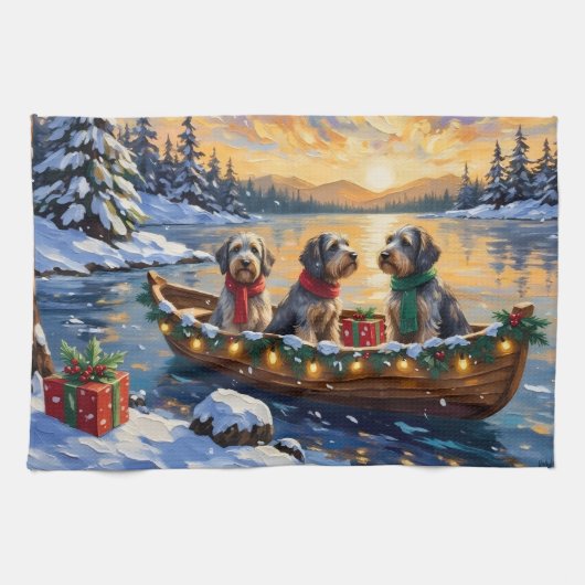 Drahthaariger Griffon Weihnachtsboot Urlaub Geschirrtuch (Horizontal)