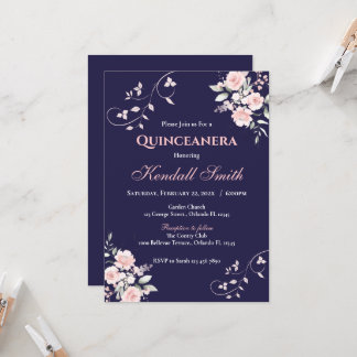 Drak Blau und Pink Floral Quinceanera Einladung