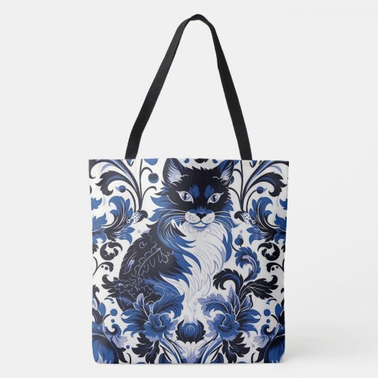 Dramatic Blue Art Deco Cat Large Shoulder Tote Tasche (Vorderseite)