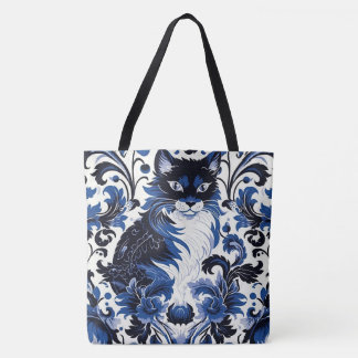 Dramatic Blue Deco Cat Large Shoulder Tote Tasche