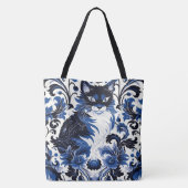 Dramatic Blue Deco Cat Large Shoulder Tote Tasche (Rückseite)