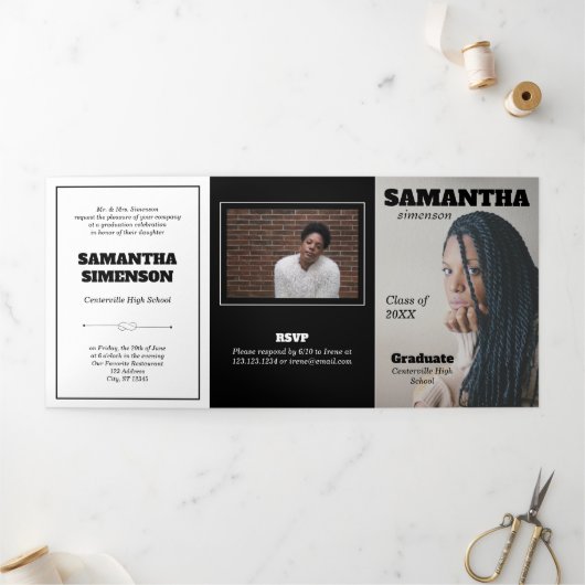 Dramatic Magazine Style Graduation Party Dreifach Gefaltete Einladung (Außenbereich)