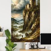 🏰🌫️ Dramatic Medieval Cliff Castle Stormscape 🌄 Poster (Heimbüro)