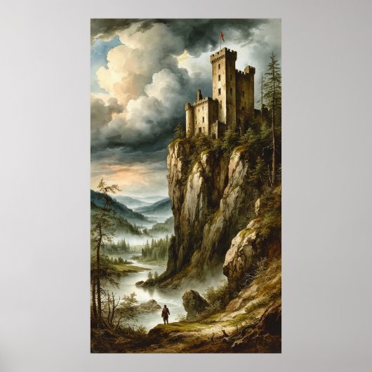 🏰🌫️ Dramatic Medieval Cliff Castle Stormscape 🌄 Poster (Vorne)