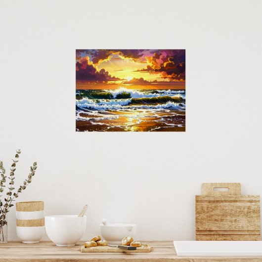 Dramatic Ocean Waves on the Beach Sunset Art Poster (Küche)