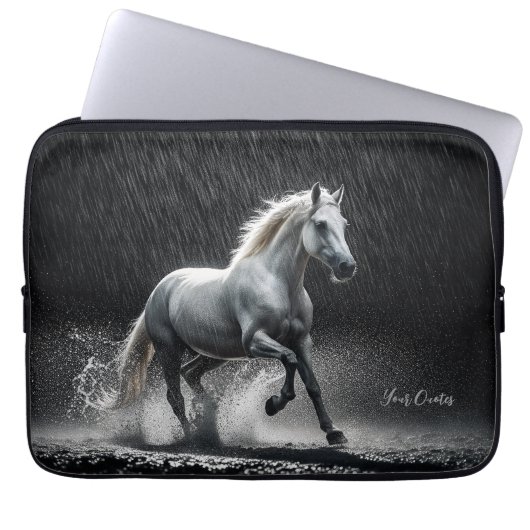 Dramatic White Horse Galloping in Rain Laptopschutzhülle (Vorderseite)