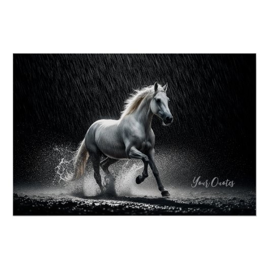 Dramatic White Horse Galloping in Rain Poster (Vorderseite)