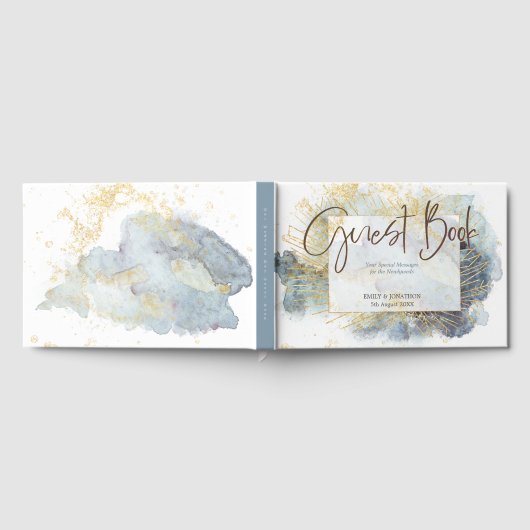 Dramatisch Blue Ombre Wasserfarben Gold Lines Hoch Gästebuch (Voll)