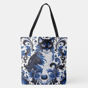 Dramatische blaue Art Deco-Katze große Schultertas Tasche