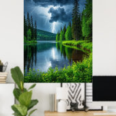 Dramatische Blitzschläge über einen ruhigen Wald Poster (Heimbüro)