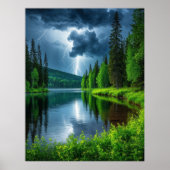 Dramatische Blitzschläge über einen ruhigen Wald Poster (Vorne)