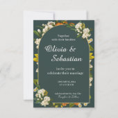 Dramatische dunkelgrüne florale Bogen-Hochzeitsein Save The Date (Vorderseite)