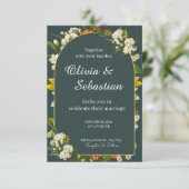 Dramatische dunkelgrüne florale Bogen-Hochzeitsein Save The Date (Stehend Vorderseite)