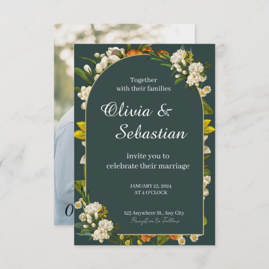 Dramatische dunkelgrüne florale Bogen-Hochzeitsein Save The Date (Vorne/Hinten)