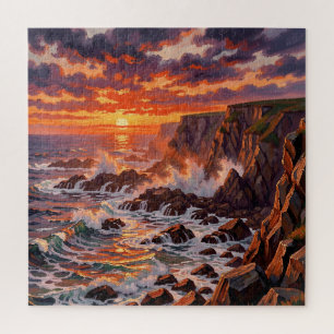 Dramatische Küstenlandschaft mit Sonnenuntergang u Puzzle