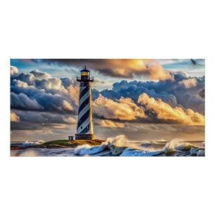 Dramatische Leuchtturm-Meereslandschaft mit stürmi Poster