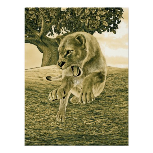 Dramatische Löwinnen-Safari-Wildlife-Kunst Poster (Vorderseite)