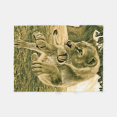 Dramatische Löwinnen-Safari-Wildnis-Kunst Fleecedecke (Vorderseite (Horizontal))