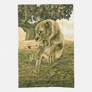 Dramatische Löwinnen-Safari-Wildnis-Kunst Küchentuch