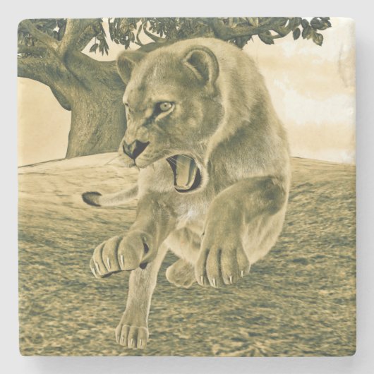 Dramatische Löwinnen-Safari-Wildnis-Kunst Steinuntersetzer (Vorderseite)