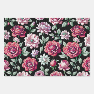 Dramatische Magenta- und rosa Rosen Dunkle Blüten Geschenkpapier Set
