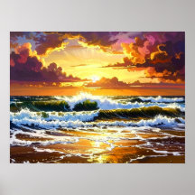 Dramatische Meereswellen an der Strand-Sonnenunter