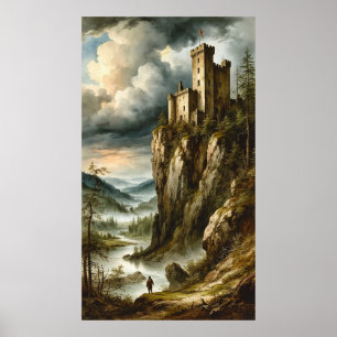 Dramatische mittelalterliche Burg an einer Klippe Poster