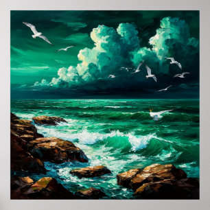 Dramatische Ozeanszene mit Möwen und Wellen Poster