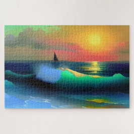 Dramatische Ozeanwellen und Sonnenuntergangsreflek Puzzle