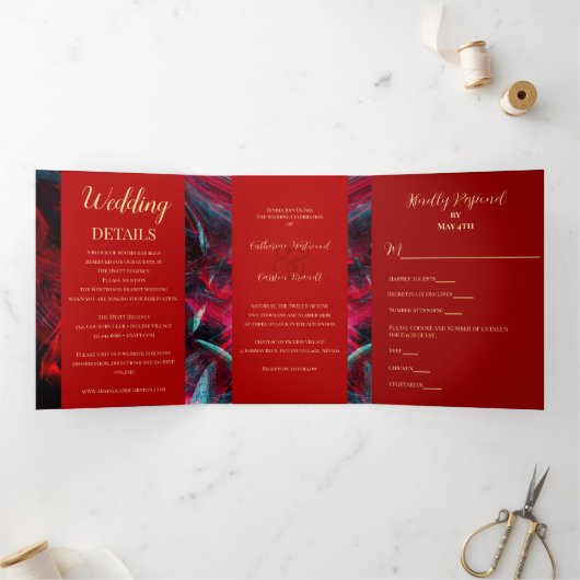 Dramatische Rot-Schwarz-Hochzeit Dreifach Gefaltete Einladung (Innenseite)