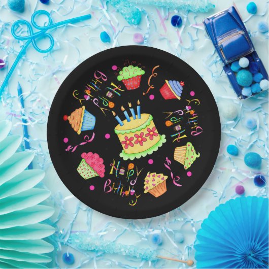 Dramatische schwarze Kuchen und Kuchen glücklich G Pappteller (Party)