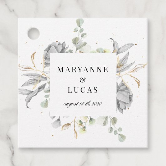 dramatische Silberblumen-Monogramm-Hochzeit Geschenkanhänger (Vorderseite)