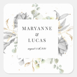 dramatische Silberblumen-Monogramm-Hochzeit Quadratischer Aufkleber