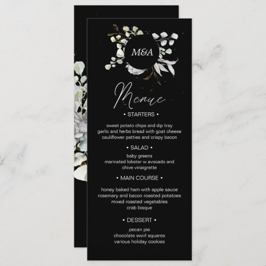 dramatische silberne goldfarbene Hochzeitsmenü Einladung (Vorne/Hinten)