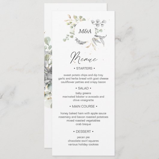 dramatische silberne goldfarbene Hochzeitsmenü Einladung (Vorne/Hinten)