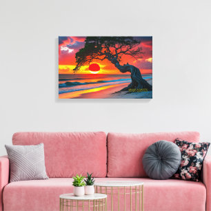 Dramatische Sonnenuntergangsbaum-Über-Ozean-Strand Leinwanddruck