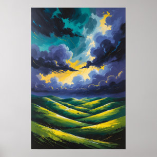 Dramatische Sturmwolken über rollenden grünen Hüge Poster