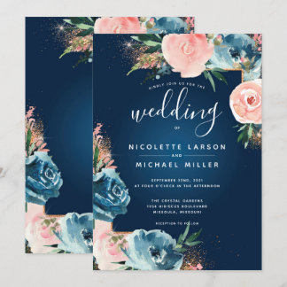 Dramatischer Glitzer Navy Blue und Blush Boho Einladung