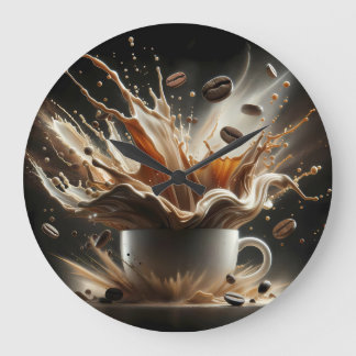 Dramatischer Kaffeesplash mit schwebenden Kaffeebo Große Wanduhr