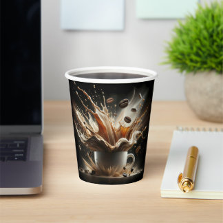 Dramatischer Kaffeesplash mit schwebenden Kaffeebo Pappbecher