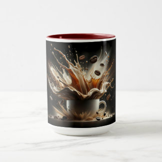 Dramatischer Kaffeesplash mit schwebenden Kaffeebo Tasse