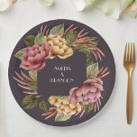 Dramatischer Polterabend für Blumenpaare Pappteller<br><div class="desc">Elegante Aquarellfarben in Rosa und Gold mit wunderschönem Grün auf dunklem Auberginen-Hintergrund,  ideal für Brunch und Bubbly Paare Polterabend oder jeden besondere Anlass. PASSENDE Artikel in unserem Geschäft.</div>