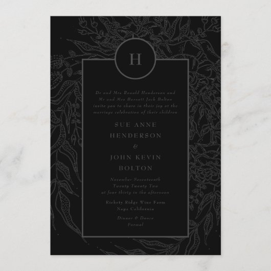 Dramatischer Schwarz-Elegant-Monogramm-Blumenreath Einladung (Vorderseite)
