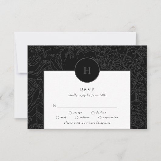 Dramatischer Schwarz-Elegant-Monogramm-Blumenreath RSVP Karte (Vorderseite)
