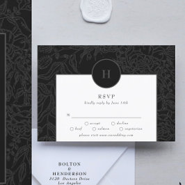 Dramatischer Schwarz-Elegant-Monogramm-Blumenreath RSVP Karte