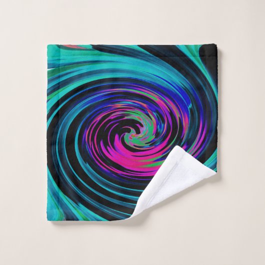 Dramatischer Schwarz-Türkis-Abstrakter Retro-Twirl Badhandtuch Set (Waschlappen)