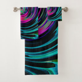 Dramatischer Schwarz-Türkis-Abstrakter Retro-Twirl Badhandtuch Set