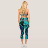 Dramatischer Schwarz-Türkis-Abstrakter Retro-Twirl Capri Leggings (Rückseite)